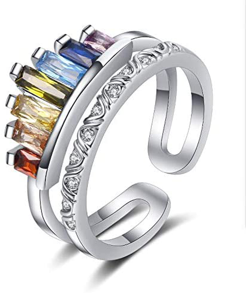 ZEINZE 2 Pcs Ajustable Rainbow Ring Set, Multicolor Open Wide Double Band Crown Stacking Dainty Cubic Zirconia Jewelry, Anniversary Birthday Gift for Her