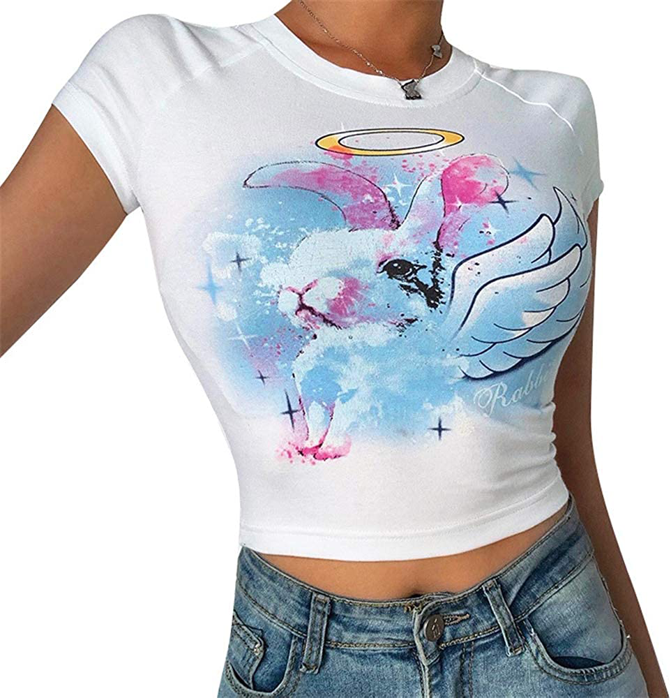 Afylingla Women's Butterfly Printed Short Sleeve V Neck T-Shirt Folds Slim Crop Top