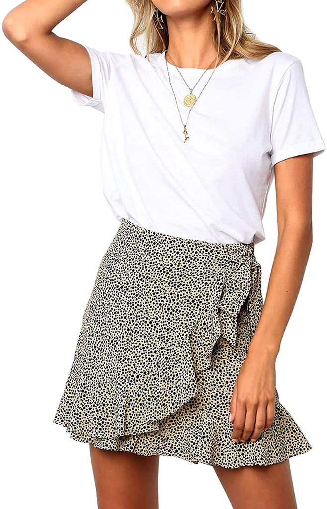 ChainJoy Womens High Waist Ruffle Hem Tie Wrap Skirt Summer Casual A Line Overlap Skirt