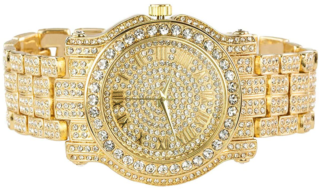 Mens 45mm Iced Watch with Diamond Roman Dial in 14k Gold, Silver and Two Tone Finish - Simulated Diamonds - Bling-ed Out Adjustable Band - Watch Only and Watch & Bracelet Sets