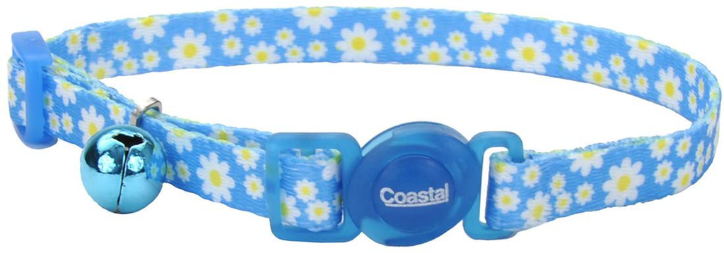 Coastal Pet Fashion Cat Collar Adjustable 8-Inch to 12-Inch, Breakaway Buckle, with Bell, Daisy Blue.
