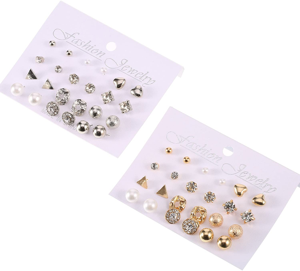 BBTO 24 Pairs Stud Earrings Crystal Pearl Earring Set Ear Stud Jewelry for Girls Women Men, Silver and Gold
