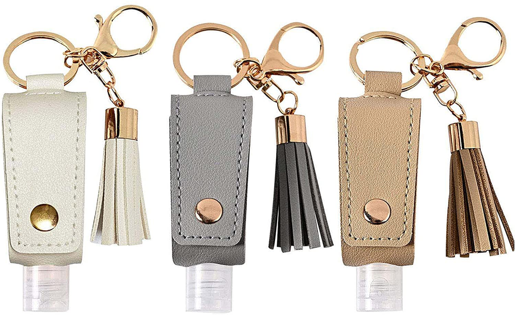 Portable Empty Travel Bottle Keychain Hand Sanitizer Bottle Holder 3 Pack 1Oz / 30Ml Small Squeeze Bottle Refillable Containers for Toiletry Shampoo Lotion Soap (White+Grey+Khaki)