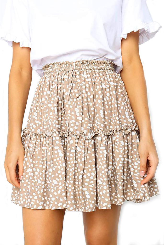 Relipop Women's Floral Flared Short Skirt Polka Dot Pleated Mini Skater Skirt with Drawstring