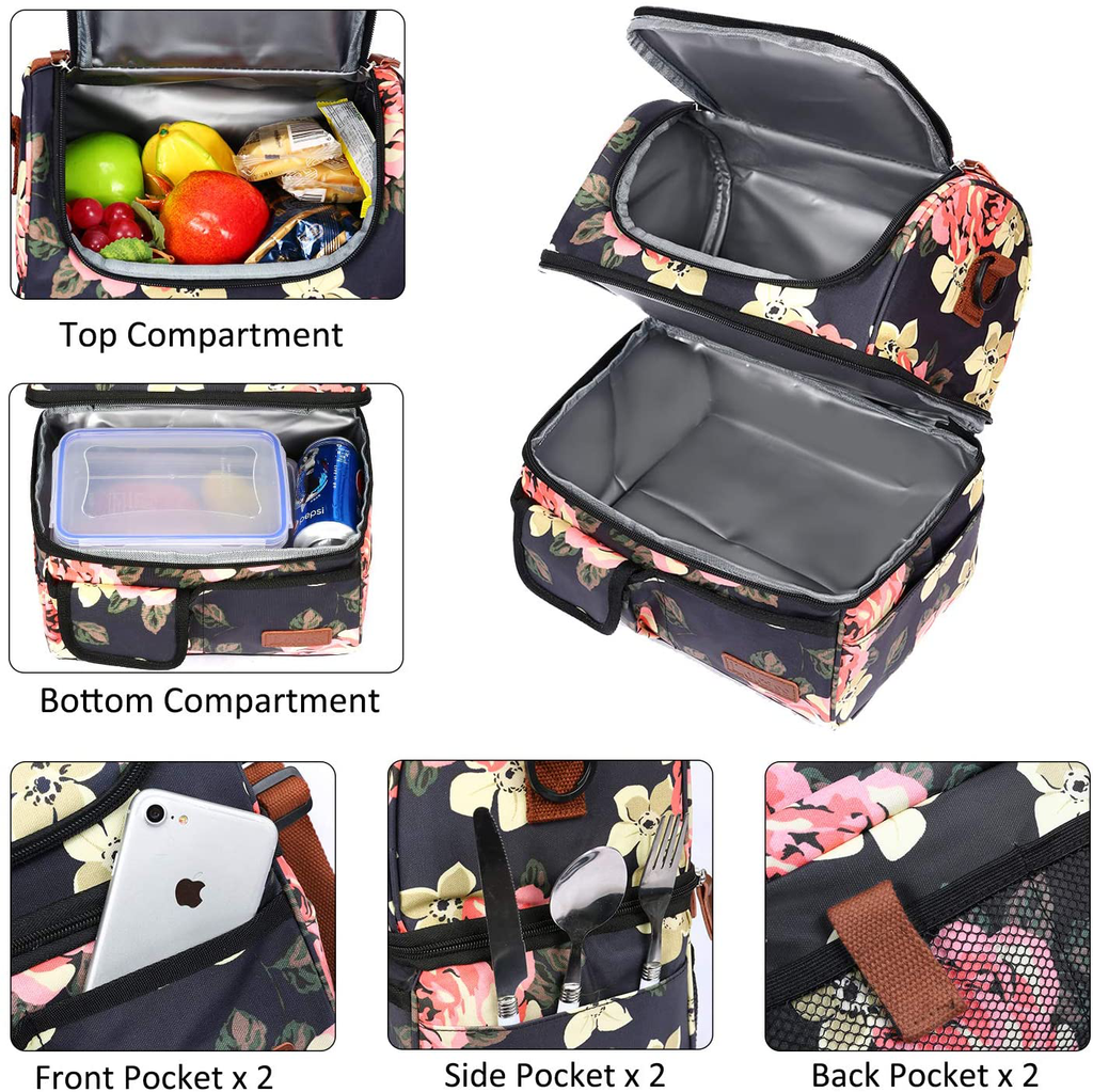 LOKASS Lunch Bags for Women Double Deck Insulated Lunch Box Large Cooler Tote Bag with Removable Shoulder Strap Wide Open Thermal Meal Prep Lunch Organizer Box for Adults/Work/Outdoor, Black Peony