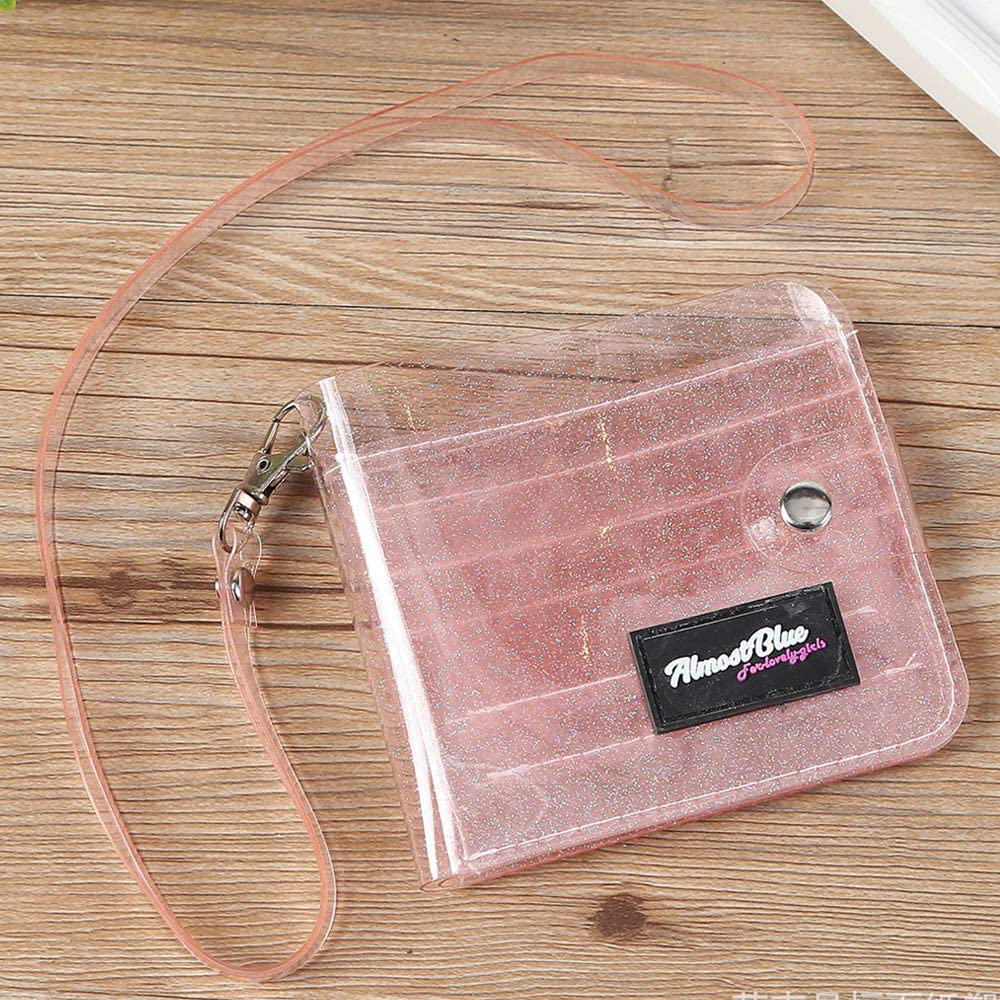 Cards Holder Clear wallet Transparent Purse Glitter PVC Card Bag Women Neck Lanyard Folding Card ID Cases Cash Coin Photo Stickers Holder Pink