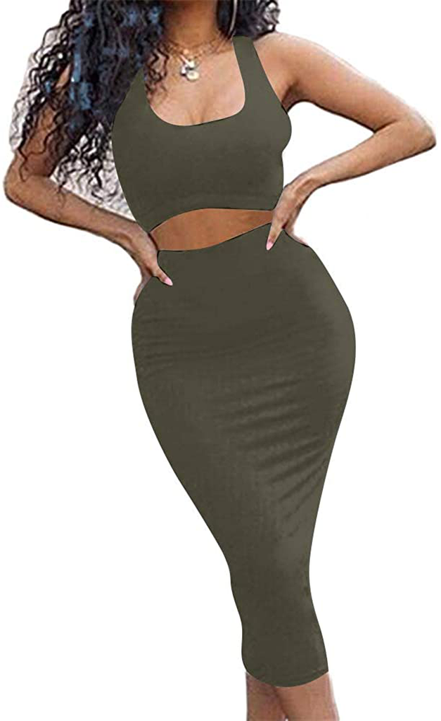 GOBLES Women's Sexy Summer Outfits Bodycon Tank Top Midi Skirt 2 Piece Dress