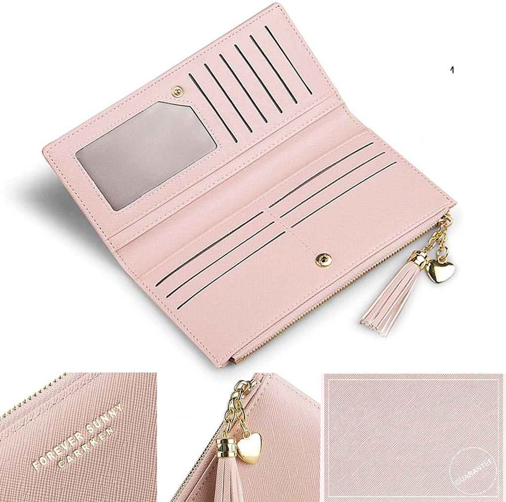 Slim Wallet for Women Long Tassel Zipper Clutch Purse Handbag Card Case Wallet (Pink)