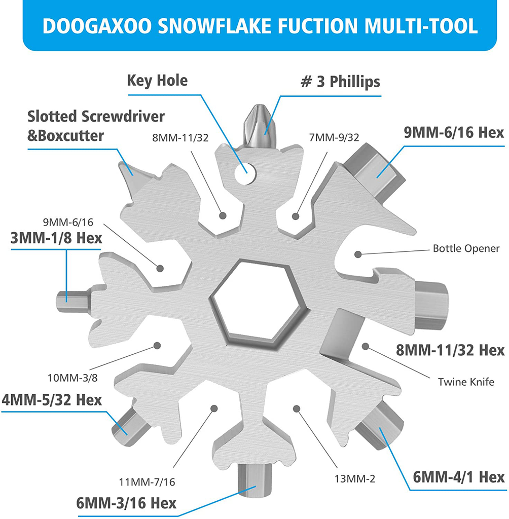 18-In-1 Snowflake Multi Tool,Function Stainless Steel Bottle Opener/Wrench, Flat Cross Screwdriver Kit Snowflake, Outdoor Durable and Portable,Great Christmas Gift for Mens (Sliver)