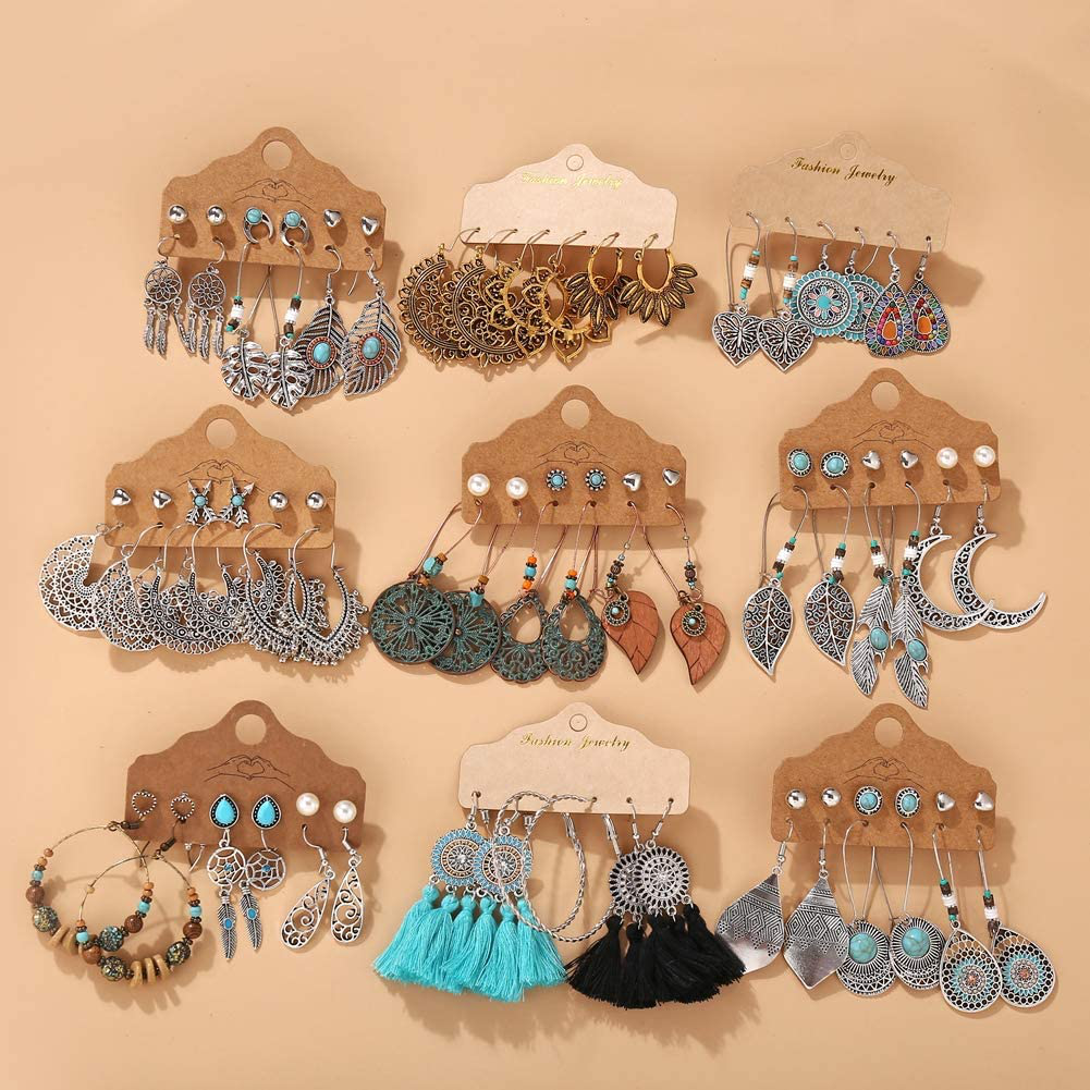 45 Pairs Fashion Hollow Drop Dangle Earrings Set for Women Girls Bohemian National Style Eardrop with Bronze Waterdrop Leaf Feather Shaped Vintage Jewelry for Gifts