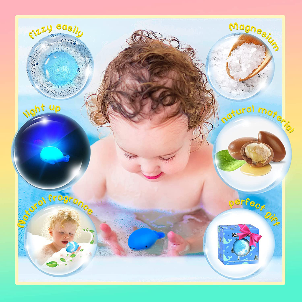 Light up Kids Bath Bombs with Surprise Inside, Huge Bath Bombs for Kids with Toys Dolphin Organic Bath Bombs for Boys Girls Toddler Natural Bubble Bath Bombs Kids Sensitive Skin