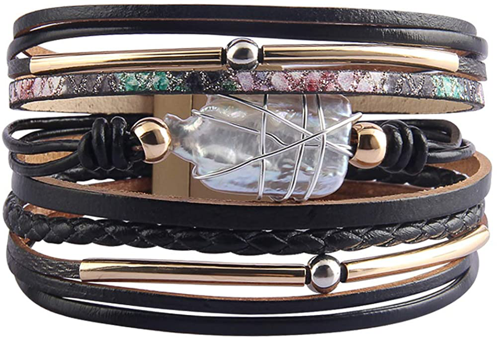 AZORA Womens Leather Cuff Bracelet Baroque Pearl Wrap Bracelets Gorgeous Gold Tube Bangle Handmade Wristbands Jewelry Bohemian Gift for Women, Teen Girls, Mother