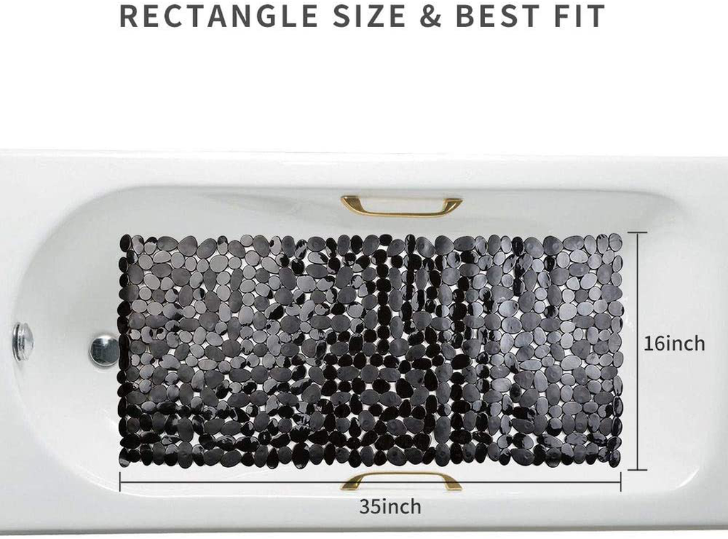 SONGZIMING Non-Slip Pebble Bathtub Mat Black 16 W x 35 L Inches (for Smooth/Non-Textured Tubs Only) Safe Shower Mat with Drain Holes, Suction Cups for Bathroom