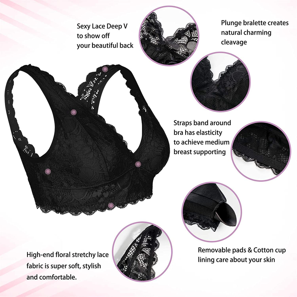 BRABIC Bralette for Women Lace Plunge Bra Deep V Racerback with Removable Pads Wirefree