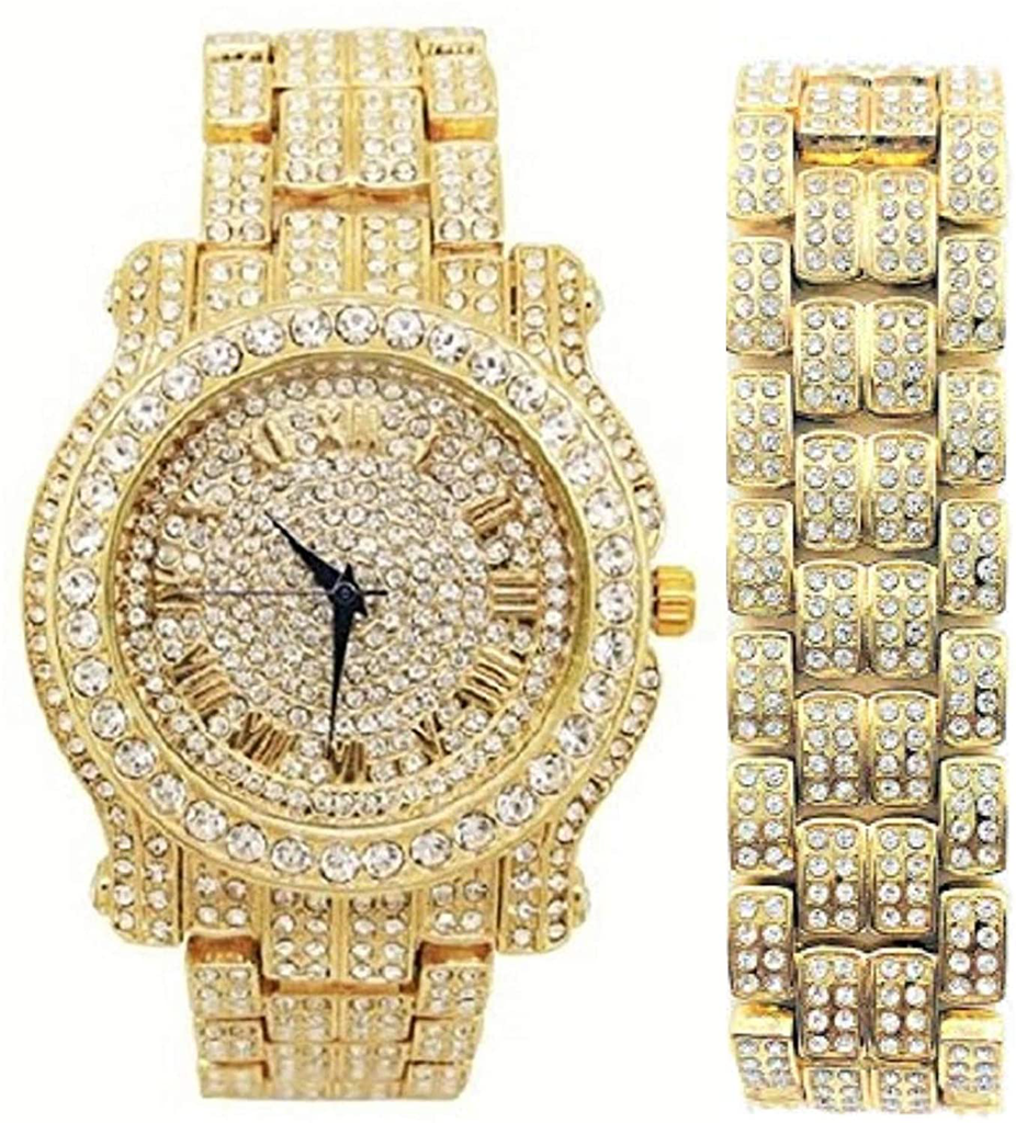 Bling-Ed Out round Luxury Mens Watch with Color Dial and Bling Bling Diamond Time Indicators W/Bling-Ed Out Matching Bracelet - L0504DXB