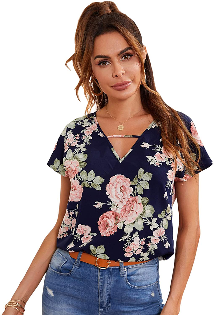 Milumia Women's Floral Print Cutout V Neck Short Sleeve Casual Summer Blouse Top