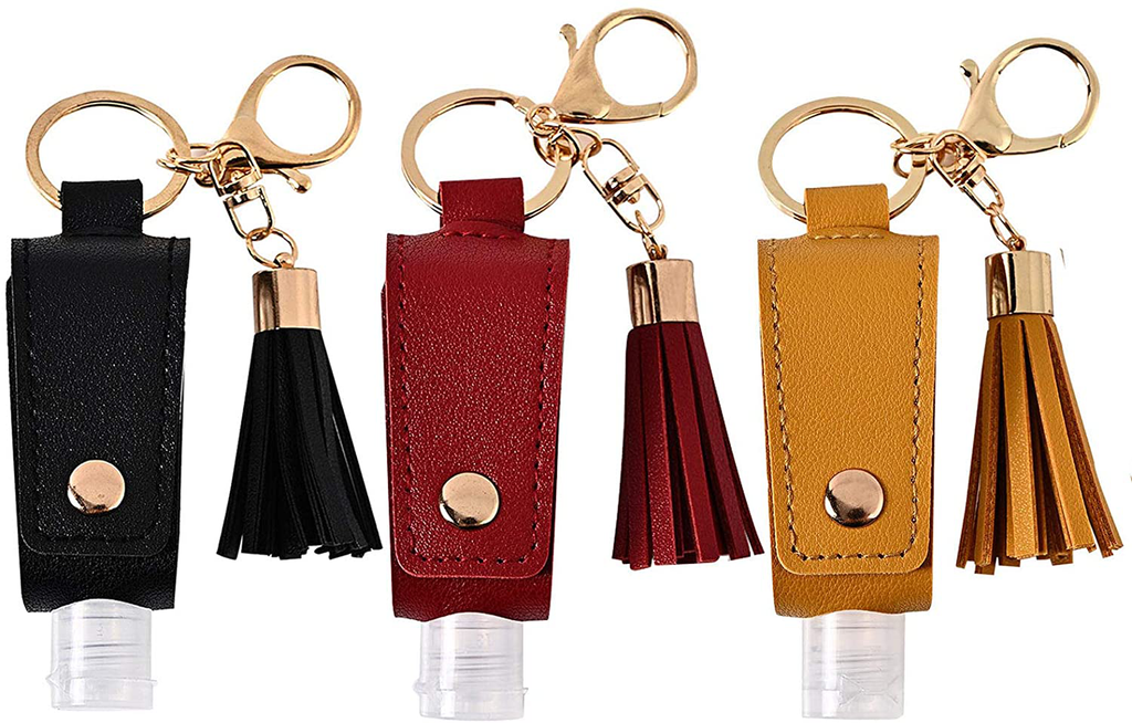 Portable Empty Travel Bottle Keychain Hand Sanitizer Bottle Holder 3 Pack 1Oz / 30Ml Small Squeeze Bottle Refillable Containers for Toiletry Shampoo Lotion Soap (Black+Red+Yellow)