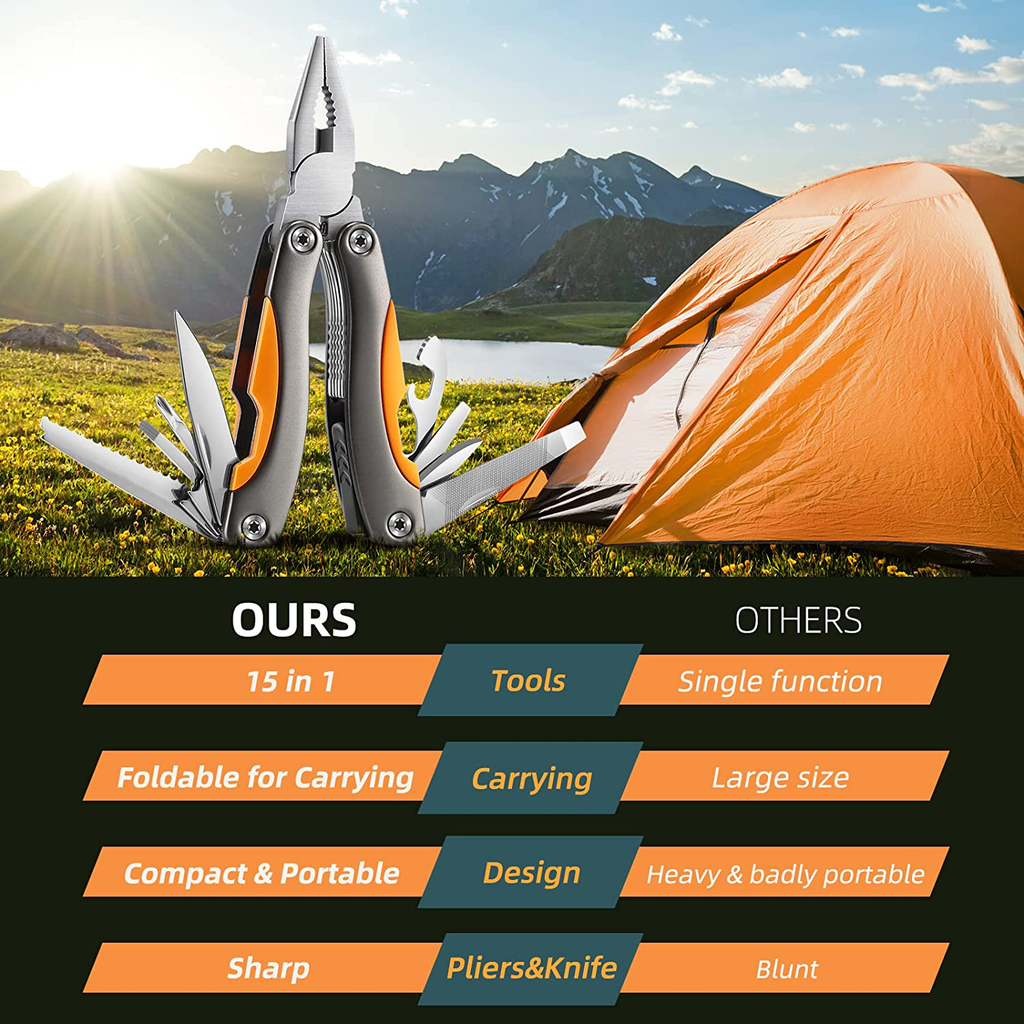 Multitool Pliers with Safety Locking, 15 in 1 Multitool Pocket Knife, Camping, Fishing, Simple Maintenance of Cool Gadgets, with Screwdriver, Folding Saw, Bottle Opener, Unique Gifts for Men Women