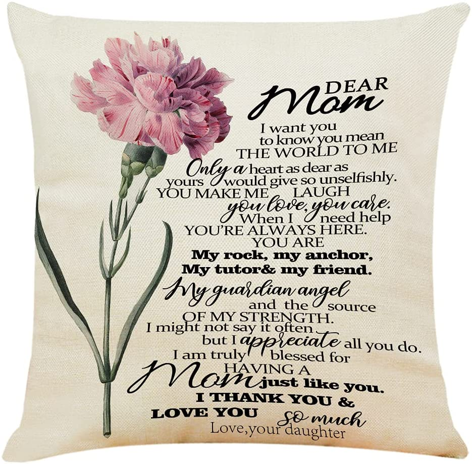 Mom Pillow Cover with Saying & Carnation