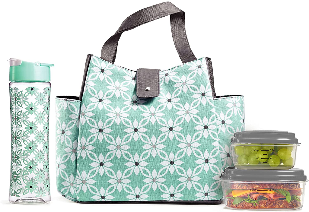 Fit + Fresh Westport Insulated Soft Liner Lunch Bag Kit with Reusable Containers, and Matching Water Bottle, Sage Camo