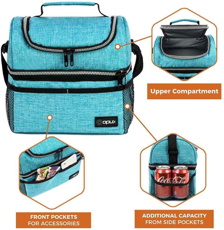 Insulated Dual Compartment Lunch Bag for Men, Women | Double Deck Reusable Lunch Box Cooler with Shoulder Strap, Leakproof Liner | Medium Lunch Pail for School, Work, Office (Heather Green)