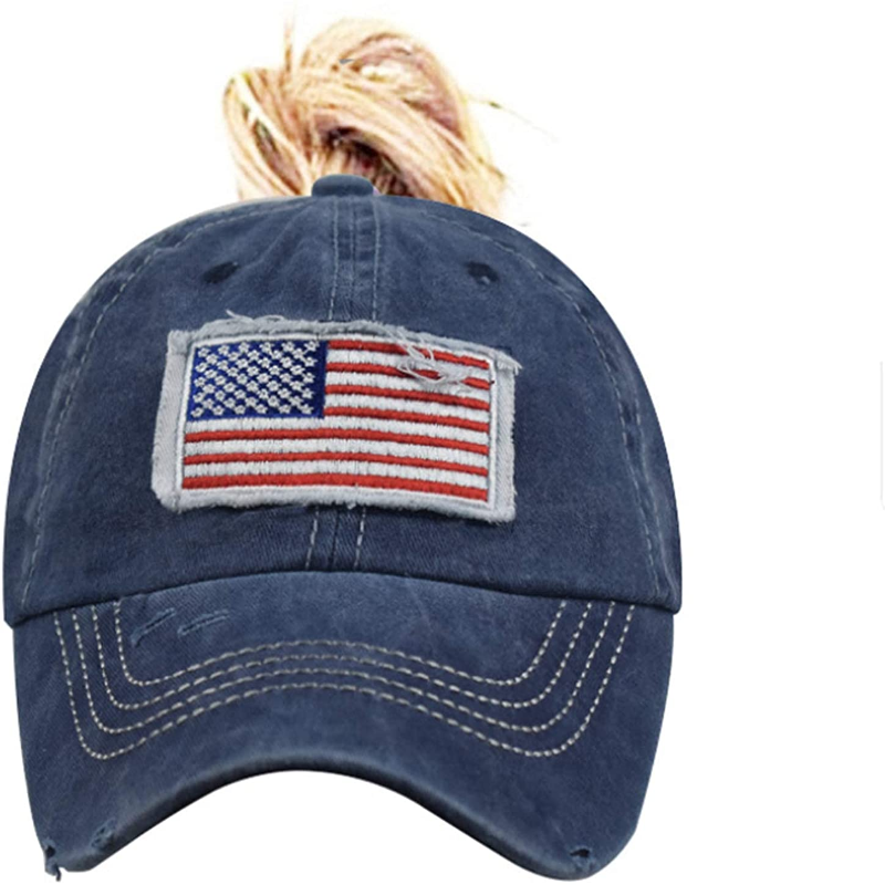 Women's Ponytail Baseball Hat - Distressed-American-Flag