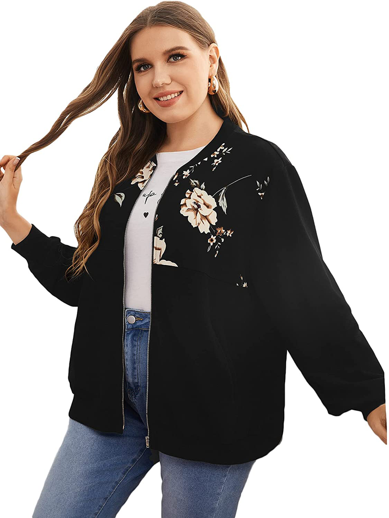 MakeMeChic Women's Plus Lightweight Floral Print Long Sleeve Zip Up Bomber Jacket Outwear