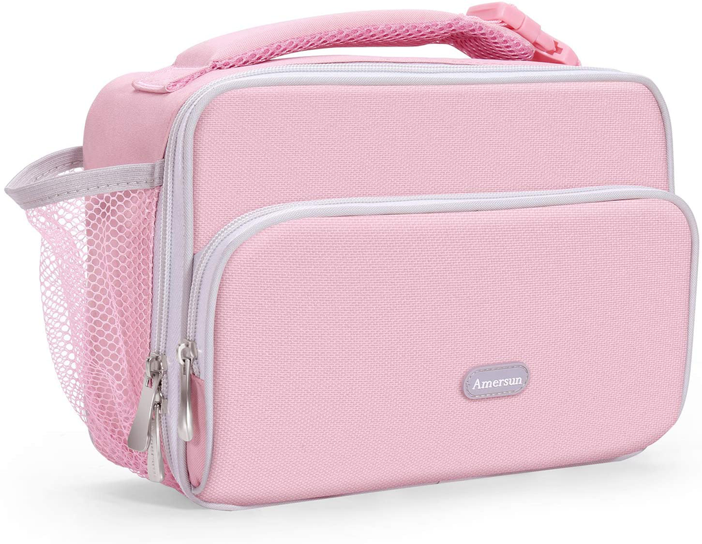Amersun Kids Lunch Box,Durable Insulated School Lunch Bag with Padded Liner Keep Food Warm Cold for Long Time,Small Water-resistant Thermal Travel Office Lunch Cooler for Girls Boy-2 Pocket,Sand Pink