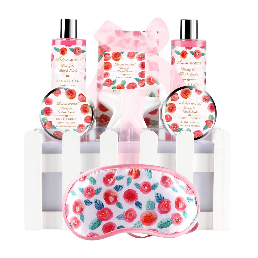 Bath Spa Basket Gift Set, with Lavender & Jasmine Scent, Home Spa Gift Basket Kits for Women, Includes Body Lotion, Shower Gel, Bath Salts, Bubble Bath, Body Mist, Bath Soap, Bath Bomb, 8 PCS