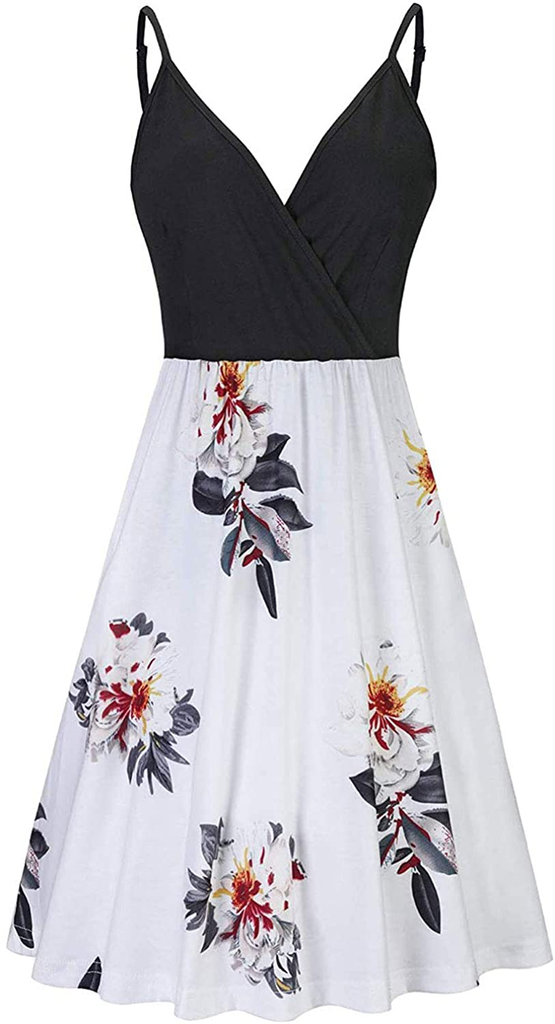 VOTEPRETTY Women's V-Neck Spaghetti Strap Dress Summer Casual Swing Sundress with Pockets