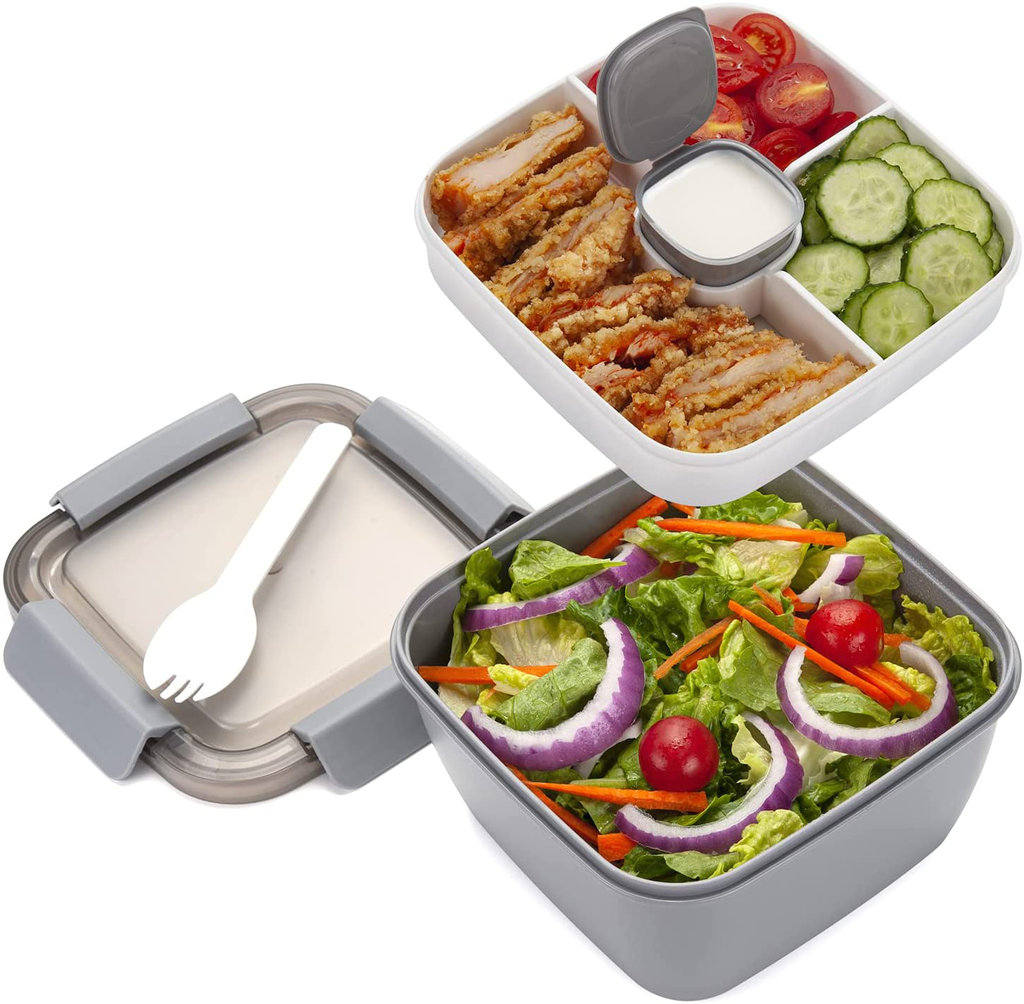 Freshmage Salad Lunch Container To Go, 52-oz Salad Bowls with 3 Compartments, Salad Dressings Container for Salad Toppings, Snacks, Men, Women (Grey)
