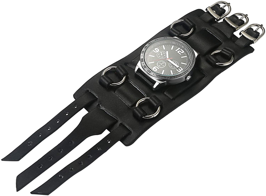 Avaner Mens Retro Steampunk Rock Black Wide Leather Bracelet Cuff Watches Big Face Round Dial Analog Quartz Sport Watch [Upgraded] Japanese Quartz Movement Watch