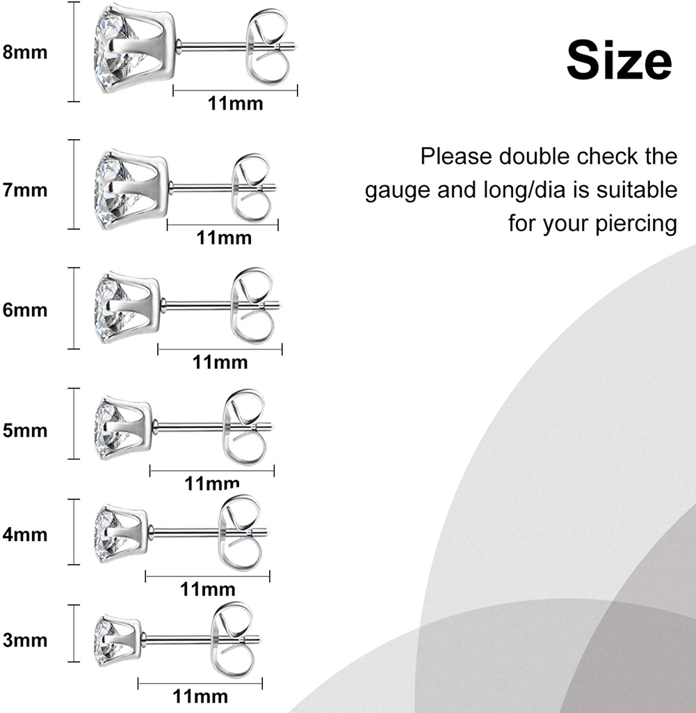 Earrings for Women Surgical steel Cubic Zirconia Stud Earrings Set（12 Pairs,Black&White，3mm-8mm）