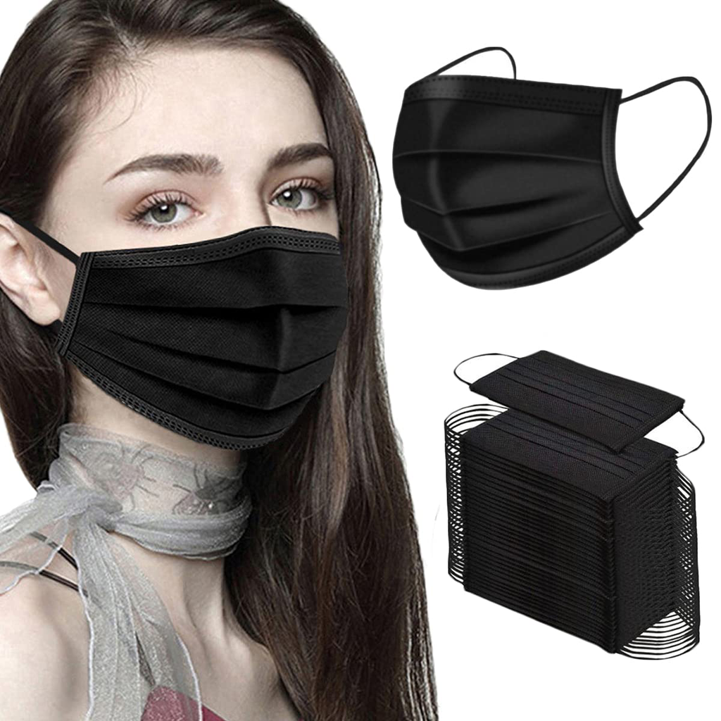Black Disposable Face Masks 50PCS 3 Ply Breathable Filter Protection