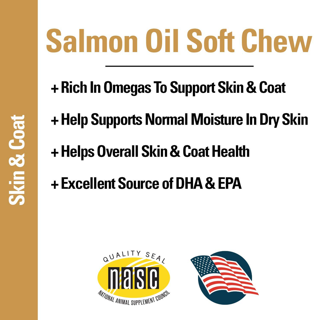 Vet Classics Salmon Oil Pet Supplement for Healthy Skin, Glossy Coats – Dog Coat Supplement, Cat Skin Supplement – Includes Omega-3, 6, 9, Source of DHA, EPA – Soft Chews 90 Ct.