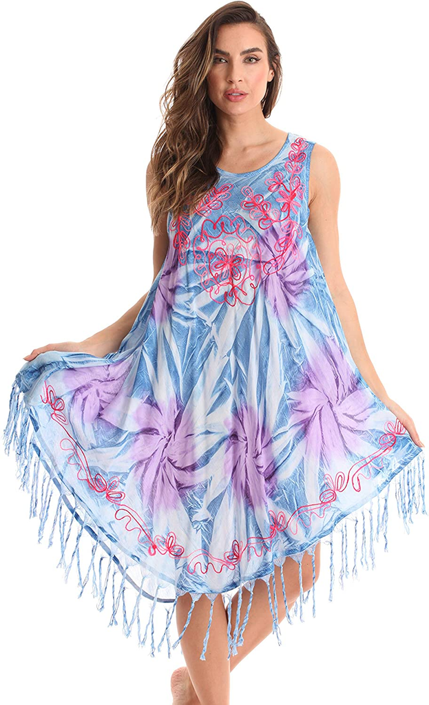 Women's Ombre Tie Dye Summer Dress with Floral Painted Design