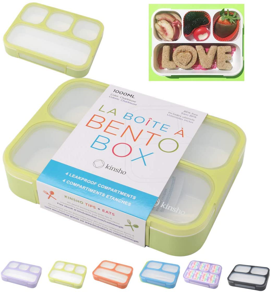 Bento Box for Kids Lunch-Boxes for Women Adults Girls Boys | Portion Snack Containers for Toddlers Pre-School Day Care Work Lunches BPA Free | 4 Compartments, Green-Yellow