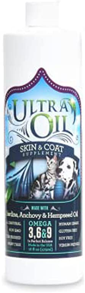 Ultra Oil Skin and Coat Supplement for Dogs and Cats with Hemp Seed Oil, Flaxseed Oil, Grape Seed Oil, Fish Oil for Relief from Dry Itchy Skin, Dull Coat, Hot Spots, Dandruff, and Allergies