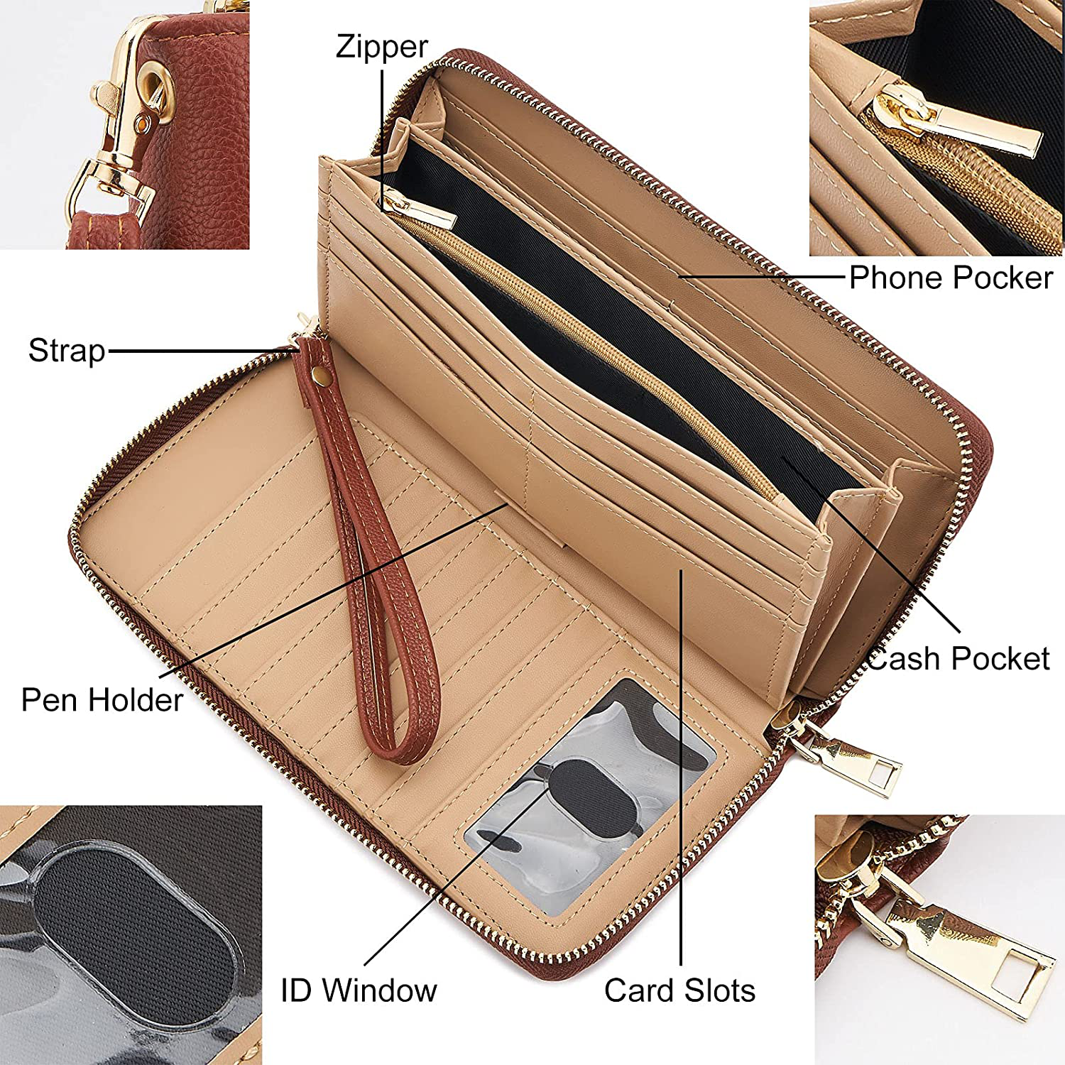 WOZEAH Women s RFID Blocking PU Leather Zip Around Wallet Clutch