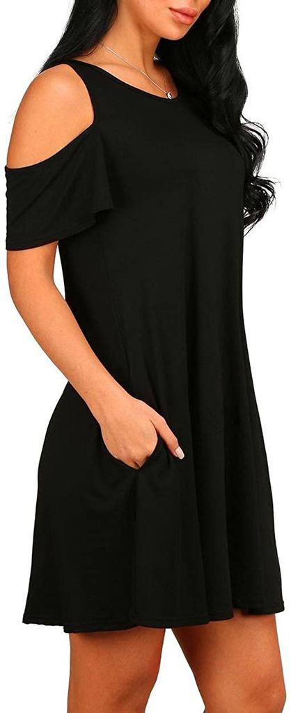 PCEAIIH Women's Short Sleeve Cold Shoulder Tunic Top Swing T-Shirt Loose Dress with Pockets