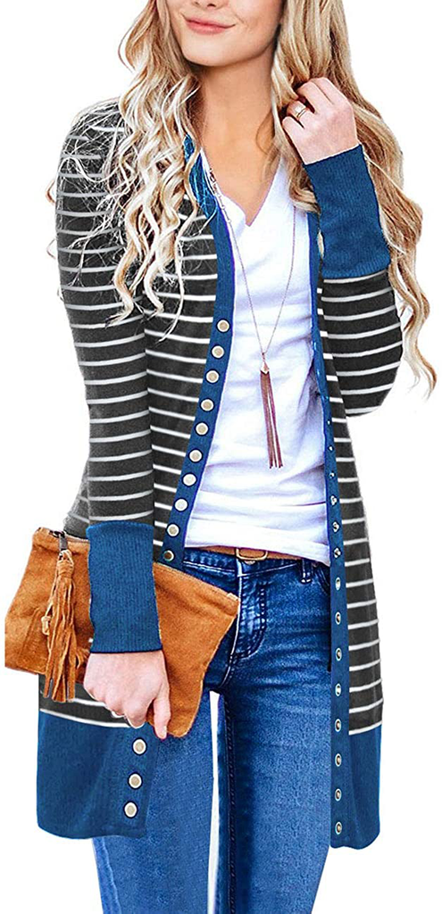 MEROKEETY Women's Long Sleeve Snap Button Down Solid Color Knit Ribbed Neckline Cardigans