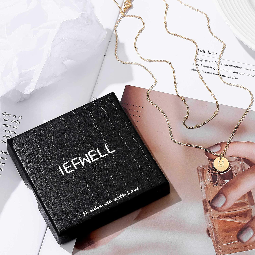 IEFWELL Gold Initial Necklaces for Women,14K Gold Filled Double Side Engraved Hammered Gold Coin Necklaces for Women Initial Necklace Layered Initial Necklaces for Women Teen Girl Jewelry