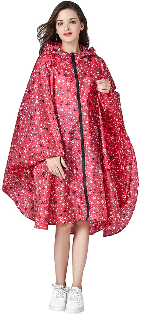 Womens Rain Poncho Stylish Polyester Waterproof Raincoat Free Size with Hood Zipper Styles