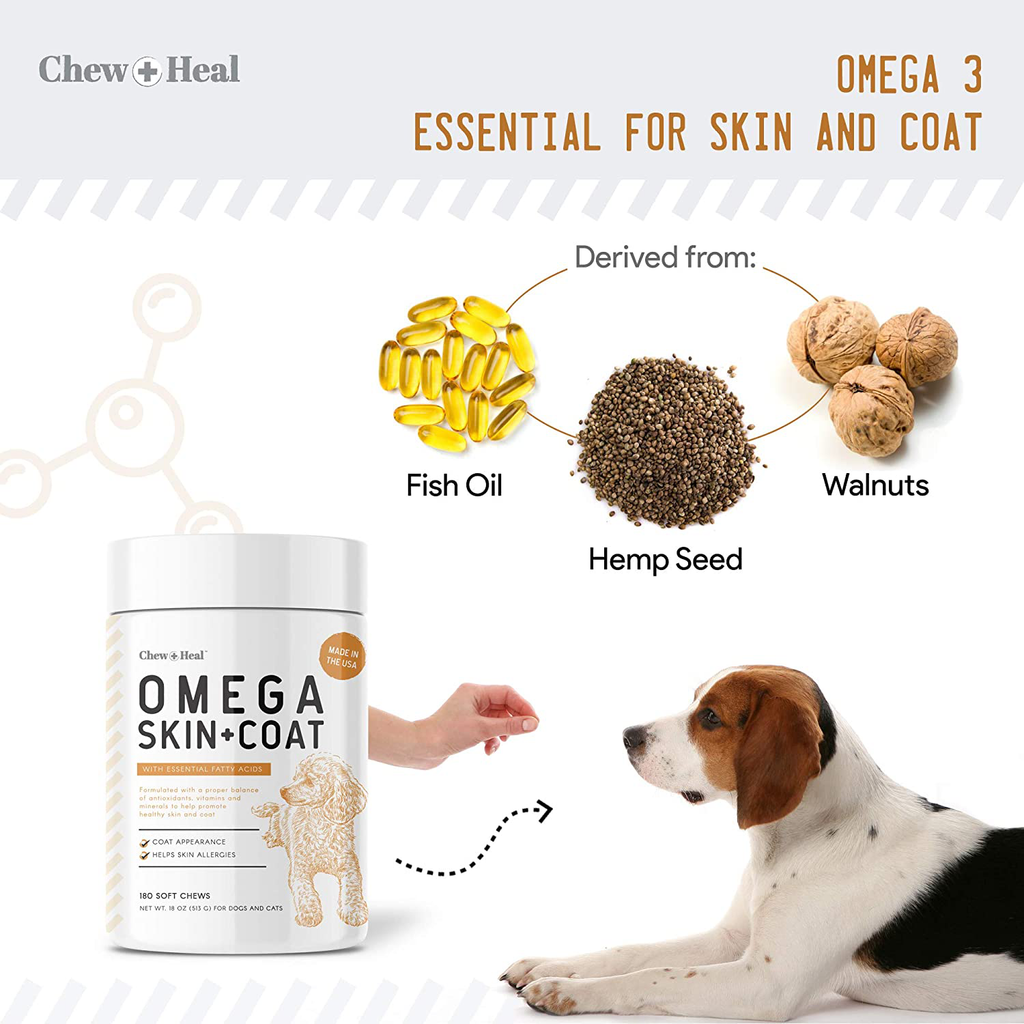 Chew + Heal Salmon Oil for Dogs - 180 Soft Chew Omega Treats for Skin and Coat - Fish Oil Blend of Essential Fatty Acids, Omega 3, 6, and 9, Vitamins, Antioxidants and Minerals - Made in USA
