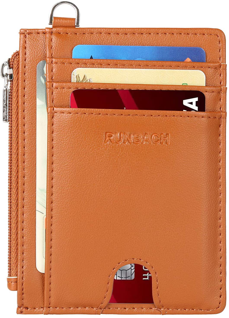 RUNBACH Slim Wallet,Minimalist Thin Front Pocket Leather Wallet,RFID Blocking Secure Card Holder With Zipper and D buckle for Men Women,Gift-Boxed (Brown)