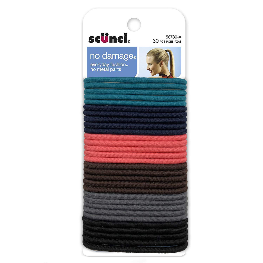 Scunci No-Damage Elastic Stretch Nylon Hairbands in Assorted Colors, 30 Count