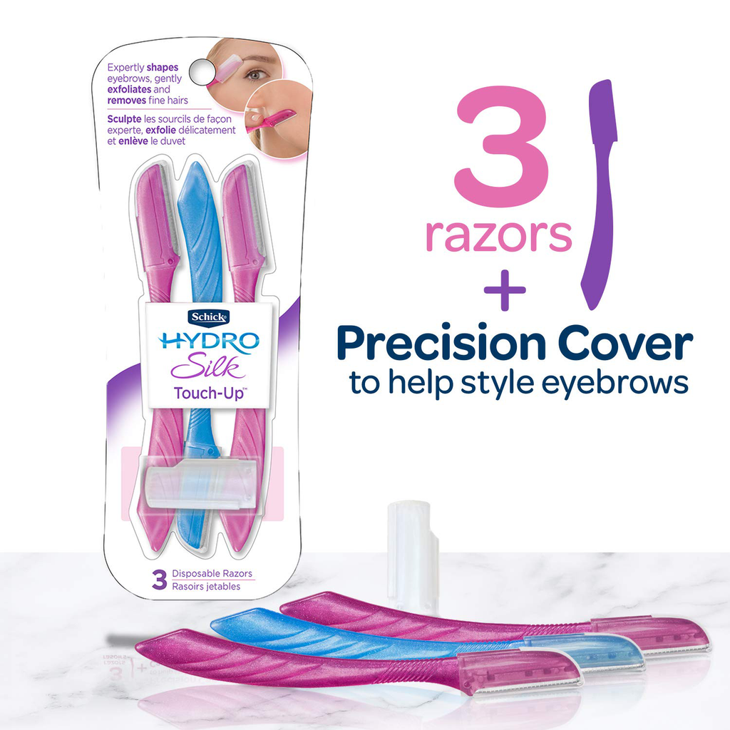 Schick Hydro Silk Touch-Up Multipurpose Exfoliating Dermaplaning Tool, Eyebrow Razor, and Facial Razor with Precision Cover, 3 Count (Packaging May Vary)