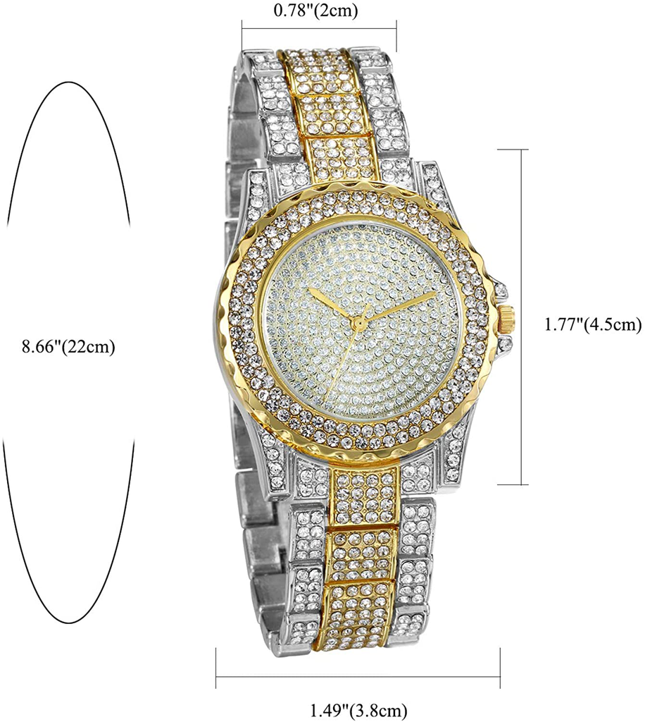 Jewelrywe Men Women Watches Stylish Rhinestone round Quartz Watch Gold Plated Stainless Steel Wristwatch for Valentine’S Day