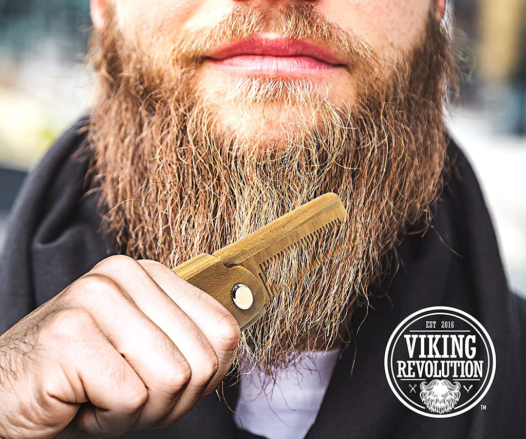 Folding Beard Comb W/Carrying Pouch for Men - All Natural Wooden Beard Comb W/Gift Box - Green Sandalwood Comb for Grooming & Combing Hair, Beards and Mustaches by Viking Revolution