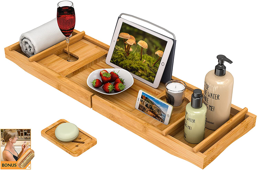 Bathtub Caddy Tray for Luxury Bath - Bamboo Waterproof Expandable Bath Table Over Tub with Wine and Book Holder and Free Soap Dish (Brown)